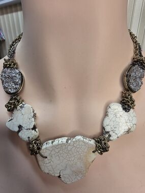 Chunky Druzy Statement Necklace Cream Stone Gold Tone Adjustable